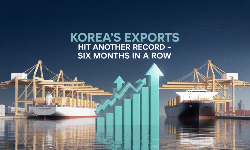 Wide banner showing cargo ships and trade data representing the Korea export boom