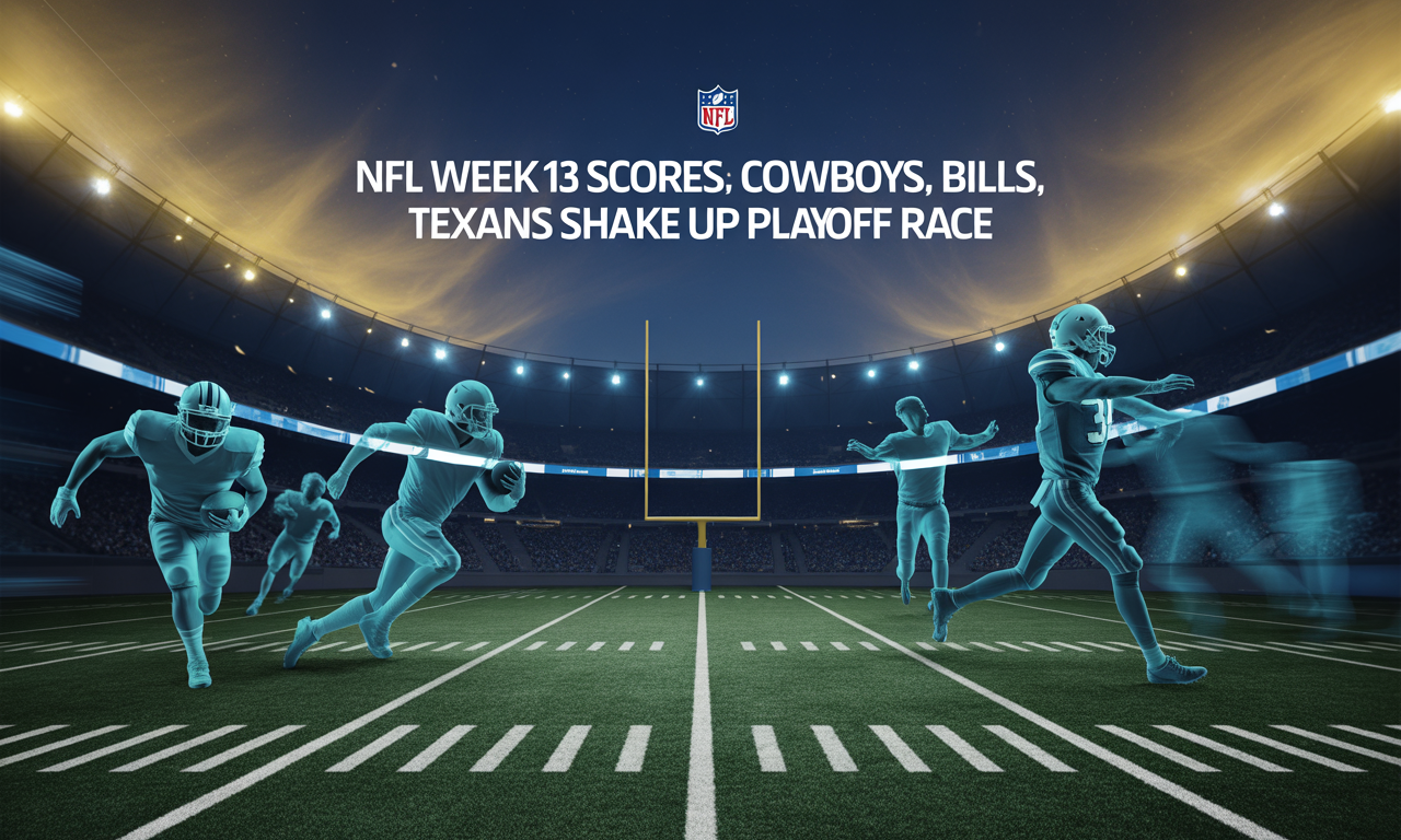 Wide stadium banner themed around NFL Week 13 scores with football silhouettes and All About English Mastery brand colors.