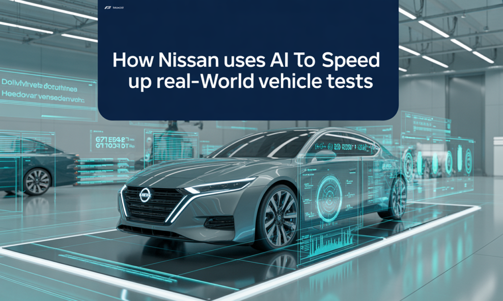 Technology-themed banner showing automotive AI systems with the title ‘How Nissan Uses AI to Speed Up Real-World Vehicle Tests,’ visually representing Nissan AI testing