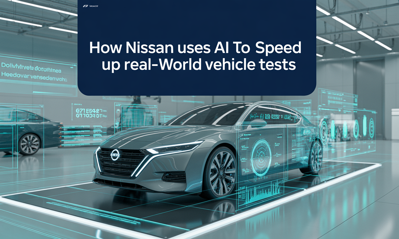Technology-themed banner showing automotive AI systems with the title ‘How Nissan Uses AI to Speed Up Real-World Vehicle Tests,’ visually representing Nissan AI testing