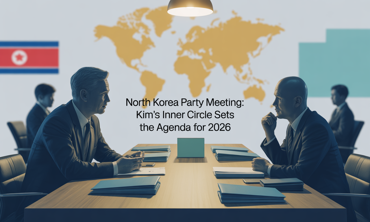 North Korea party meeting banner with a strategy conference table, briefing papers, and a blurred world map display.