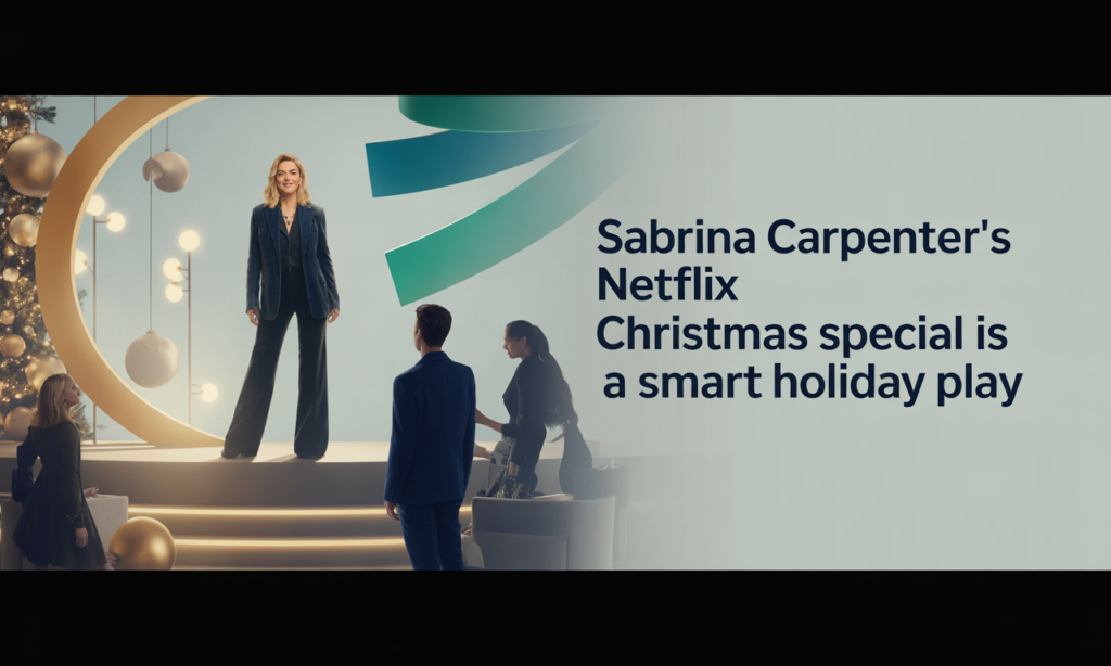 Sabrina Carpenter Netflix Christmas special banner showing a festive holiday performance with celebrity guests in a modern streaming studio setting