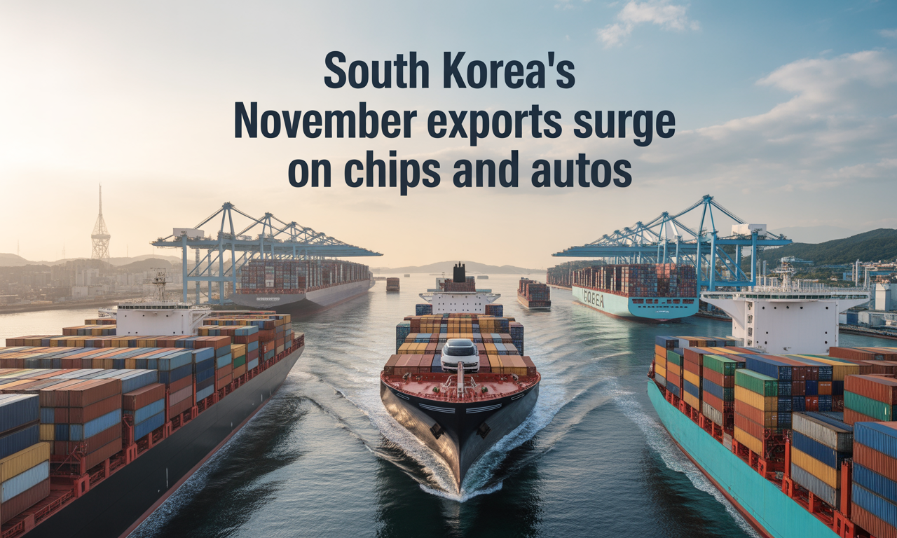 Banner image showing South Korea chip and auto exports with cargo ships, cars, and semiconductor themes in navy blue and gold.