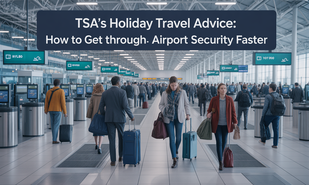 TSA holiday travel advice banner showing travelers moving efficiently through airport security during the holidays