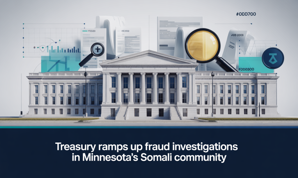 Wide news banner showing government oversight and financial review as Treasury fraud investigations Minnesota expand.