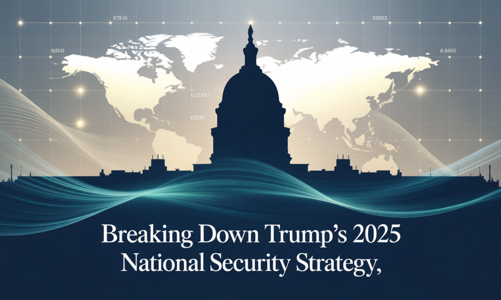 Banner image illustrating global leadership and policy themes related to the Trump 2025 National Security Strategy, using navy blue and gold business visuals.