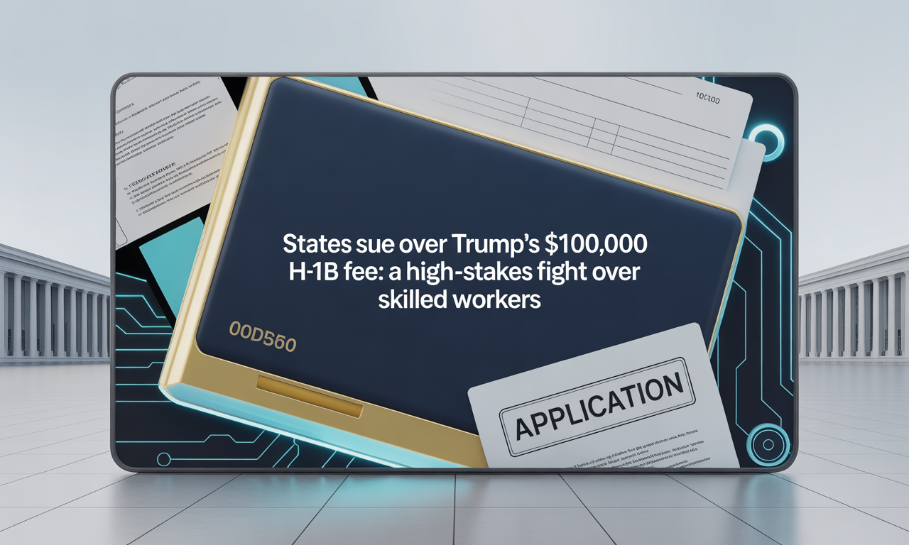 Trump H-1B visa application fee banner with courthouse imagery, legal documents, and a modern tech-hiring theme.