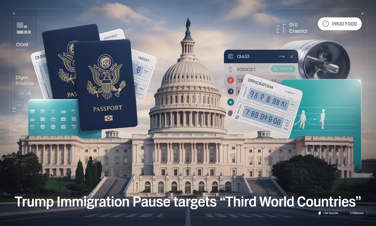 Wide banner representing U.S. policy changes for article on the Trump immigration pause affecting ‘Third World Countries.’