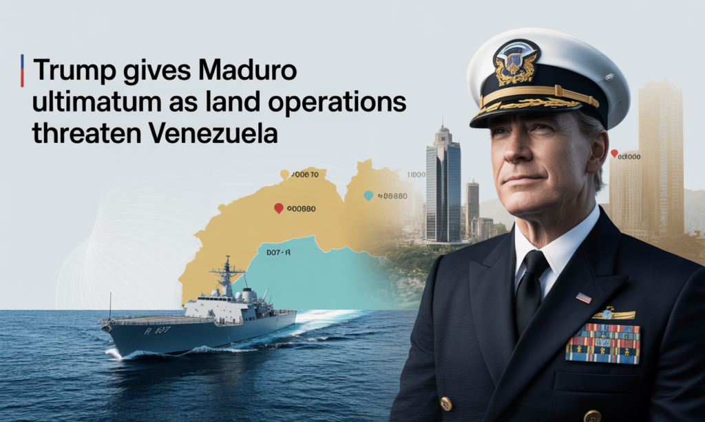 Wide banner showing U.S. military pressure and Venezuela tensions for article about the Trump ultimatum to Maduro.