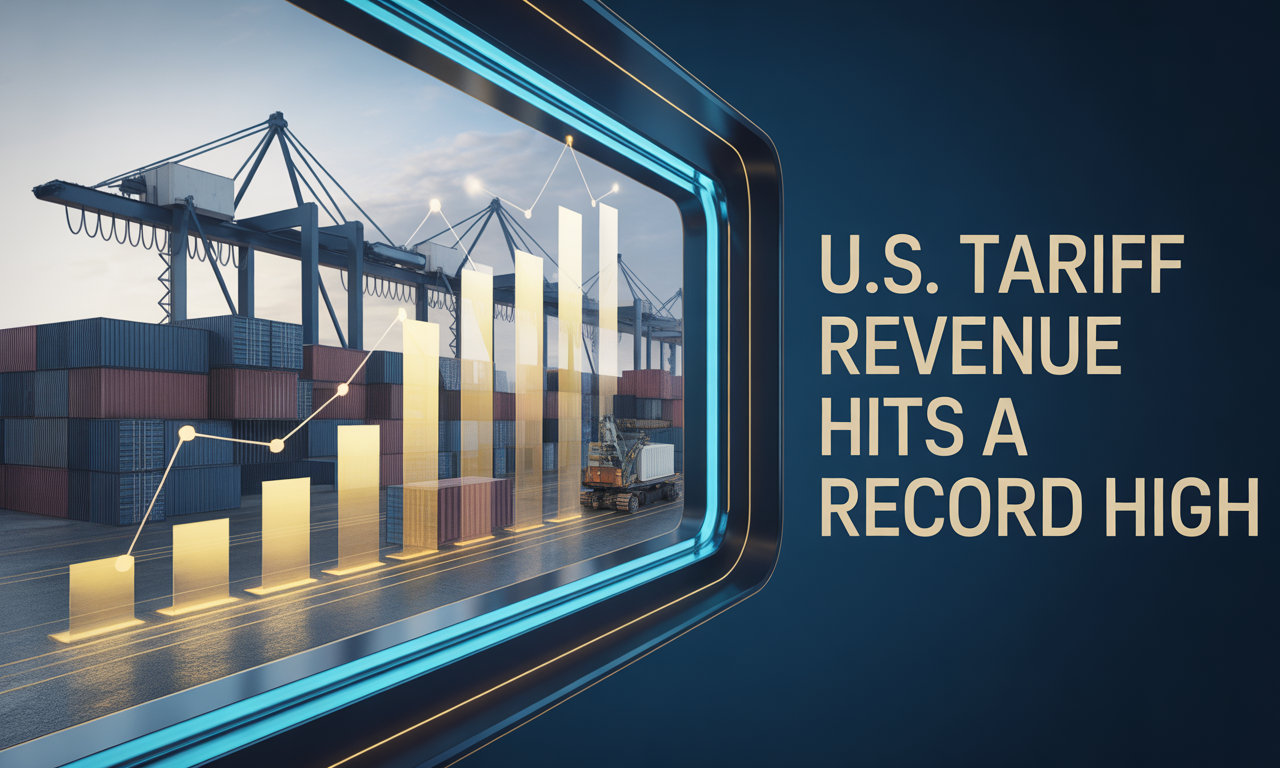 Banner image representing the U.S. tariff revenue record with shipping containers, financial charts, and navy blue and gold business colors.