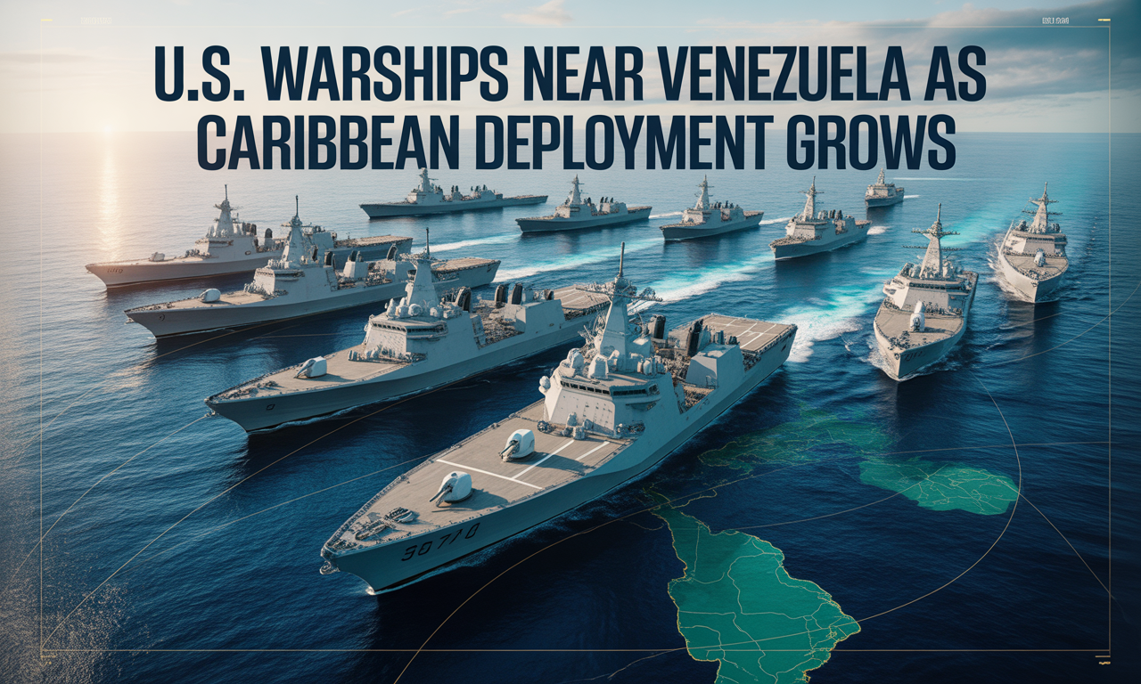 Wide banner showing U.S. warships near Venezuela in Caribbean waters for a news article on the expanding deployment.