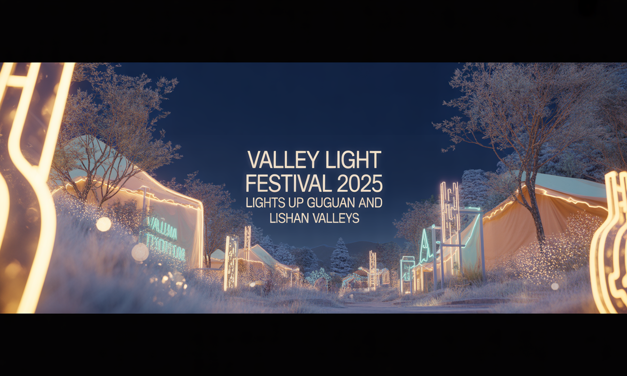 A wide banner inspired by the Valley Light Festival featuring illuminated decorations and glowing branches, styled with navy, gold, and teal accents, highlighting the Valley Light Festival theme