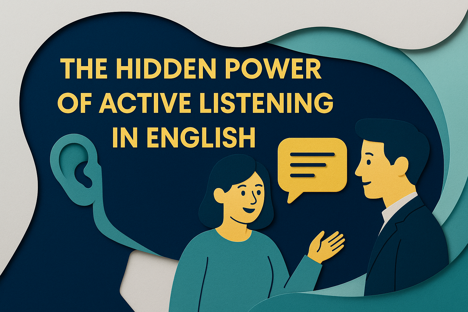 Illustration of two people talking with a speech bubble and ear icon, representing active listening in English.