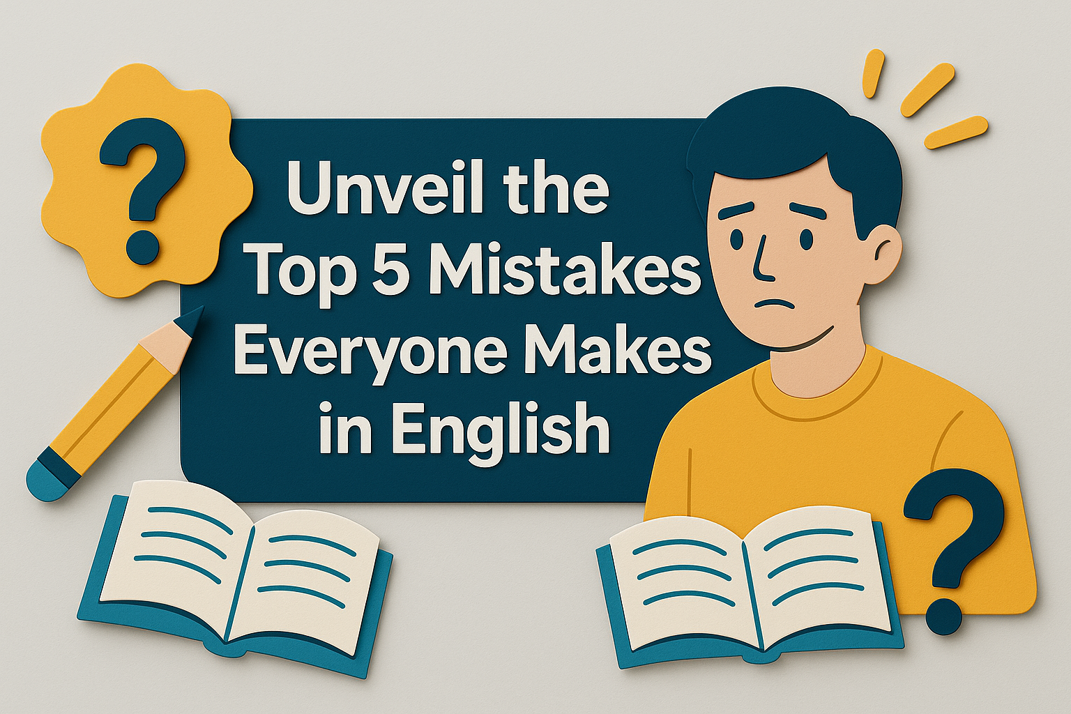 A 3D paper-cut style illustration showing a confused English learner holding an open book beside the headline “Unveil the Top 5 Mistakes Everyone Makes in English.” The design uses navy blue, soft gold, teal, and light gray and visually represents common English mistakes through question marks, books, and study icons.