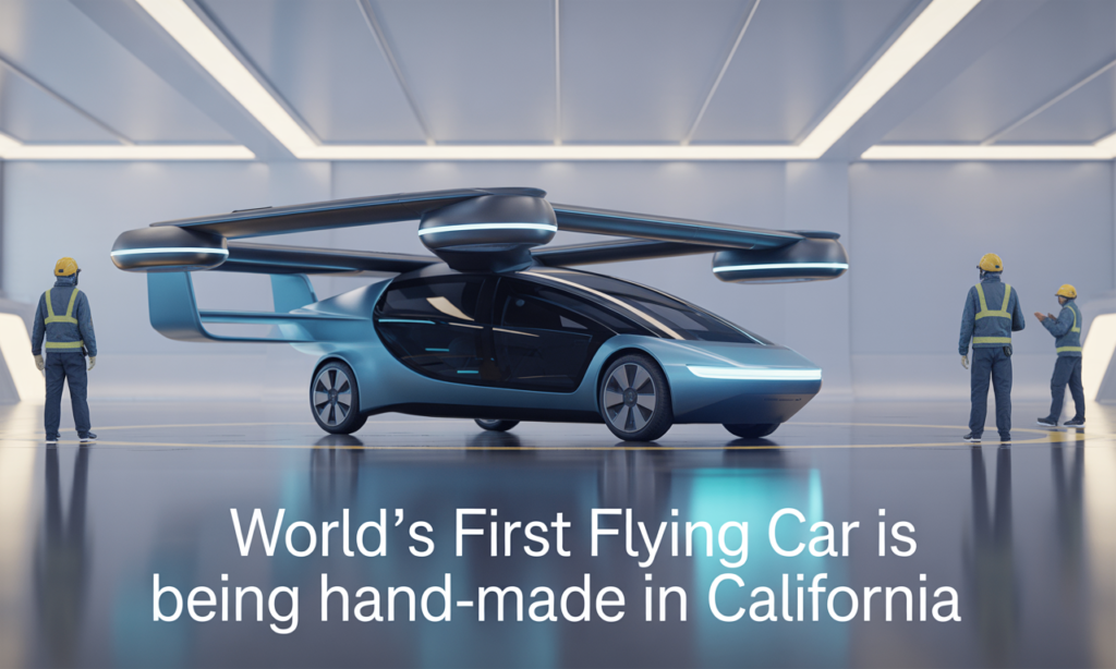 Wide banner image showing an electric flying car California prototype being hand-built in a modern U.S. manufacturing facility.
