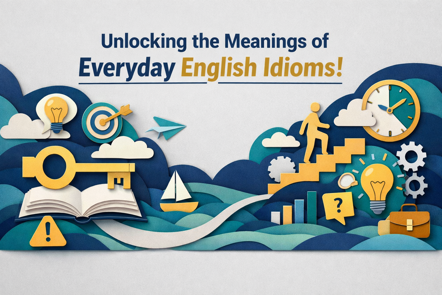 3D paper cut art banner illustrating everyday English idioms, featuring symbolic workplace icons like keys, lightbulbs, charts, and steps in navy blue, gold, teal, and light gray