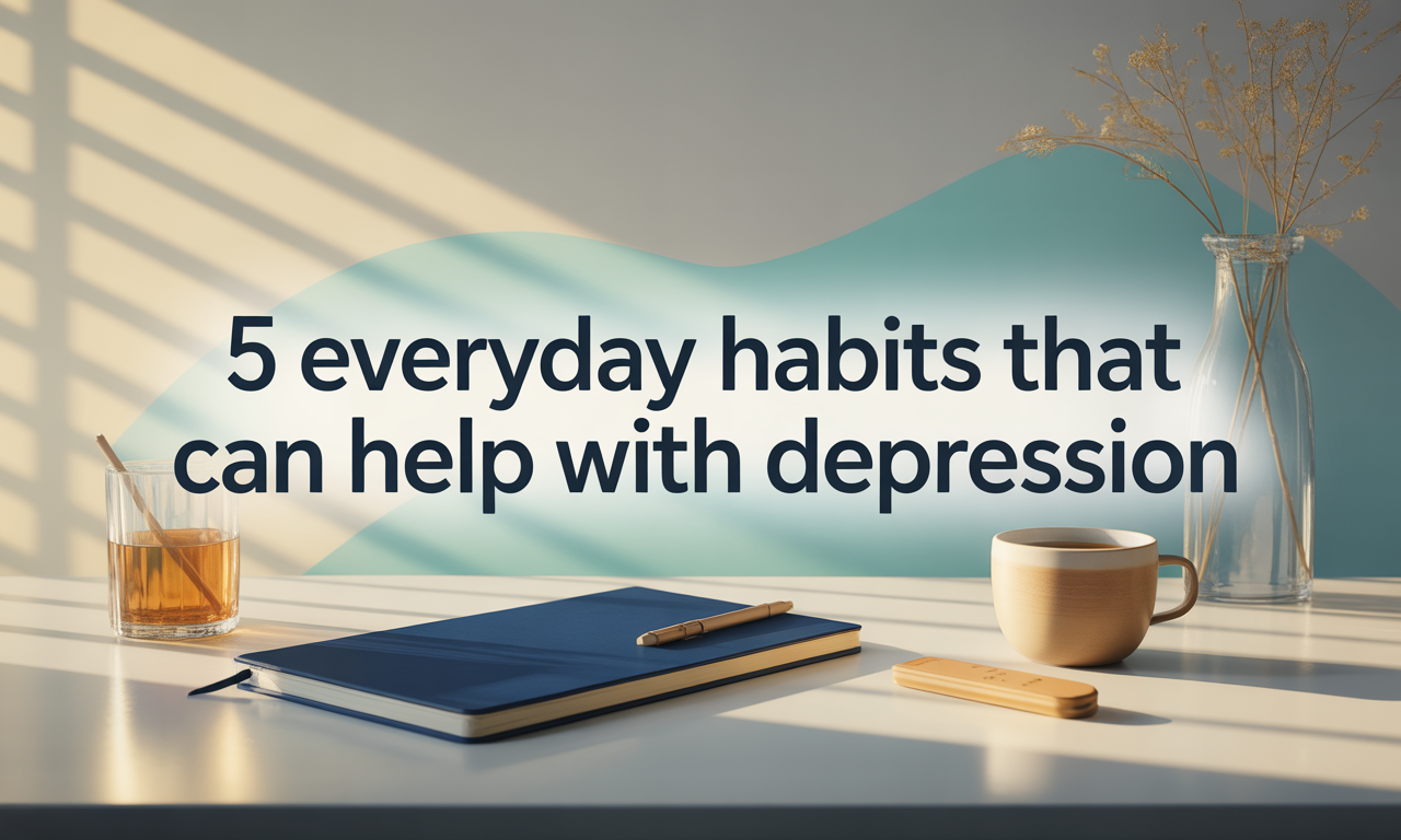 Banner with calm morning routine objects illustrating healthy depression habits and everyday wellness.