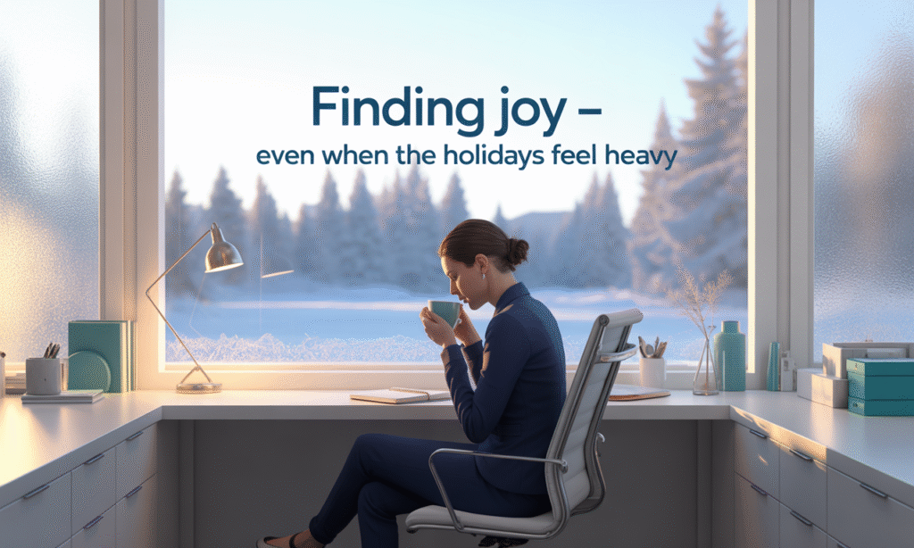 Wide banner showing a calm winter office scene for holiday depression tips.