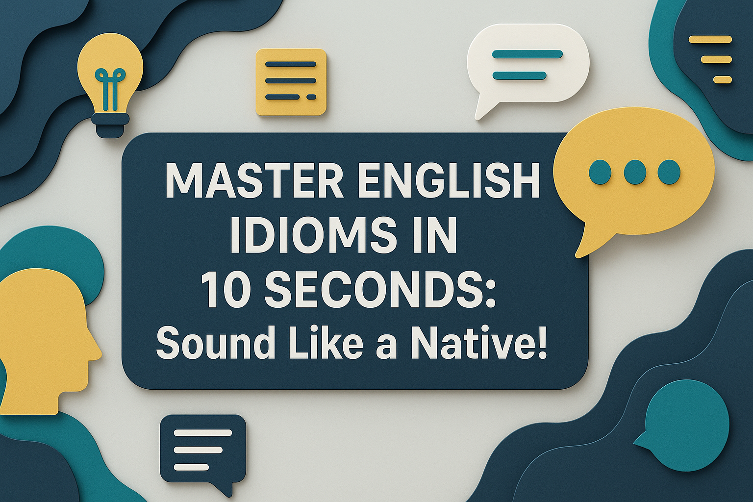 3D paper-cut banner illustrating communication symbols in navy blue and gold, featuring the title ‘Master English Idioms in 10 Seconds: Sound Like a Native!’ designed to help learners master English idioms quickly.