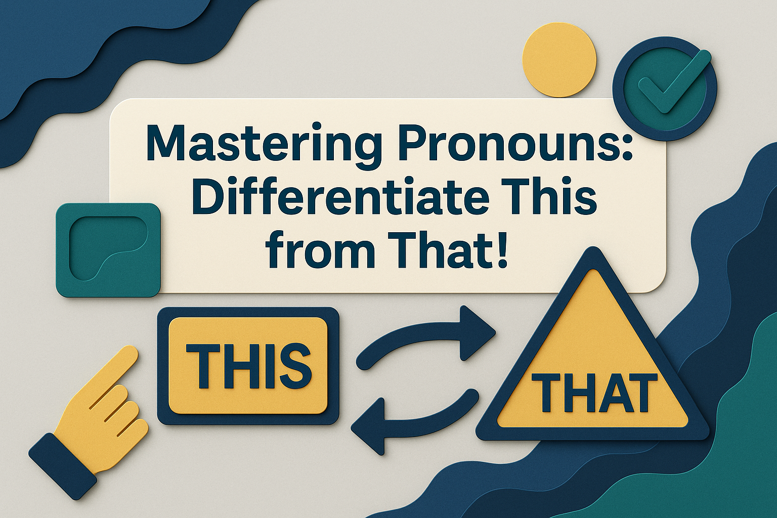 Wide 3D paper-cut style banner showing “this” and “that” speech bubbles in brand colors, visually supporting the article on mastering pronouns this vs that.
