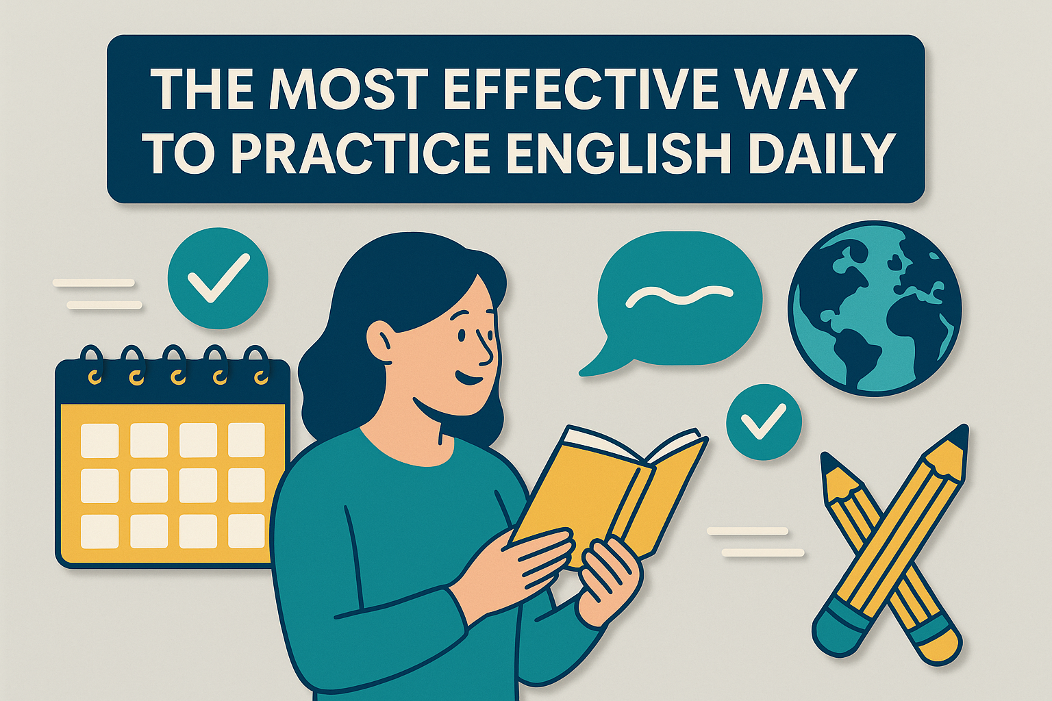 A 3D paper-cut style illustration featuring a woman reading a book, surrounded by icons such as a calendar, check marks, speech bubbles, pencils, and a globe. The banner headline reads “The Most Effective Way to Practice English Daily,” designed in navy blue, soft gold, teal, and light gray to match the All About English Mastery brand.