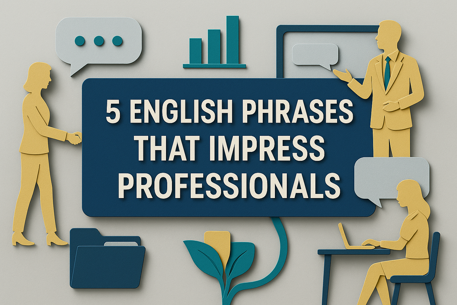 Wide 3D paper-cut banner featuring the article title in navy blue and gold, styled with All About English Mastery brand colors, representing professional phrases that impress for workplace communication.