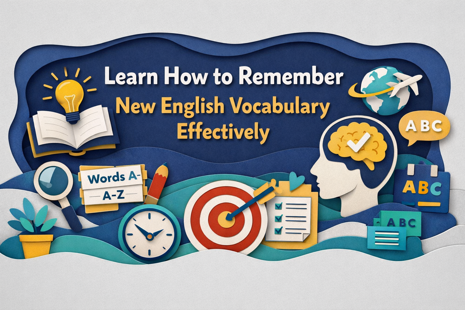 Wide 3D paper cut art banner showing visual learning tools and brain icons in navy blue and soft gold, illustrating how to remember new English vocabulary effectively for beginner English learners.