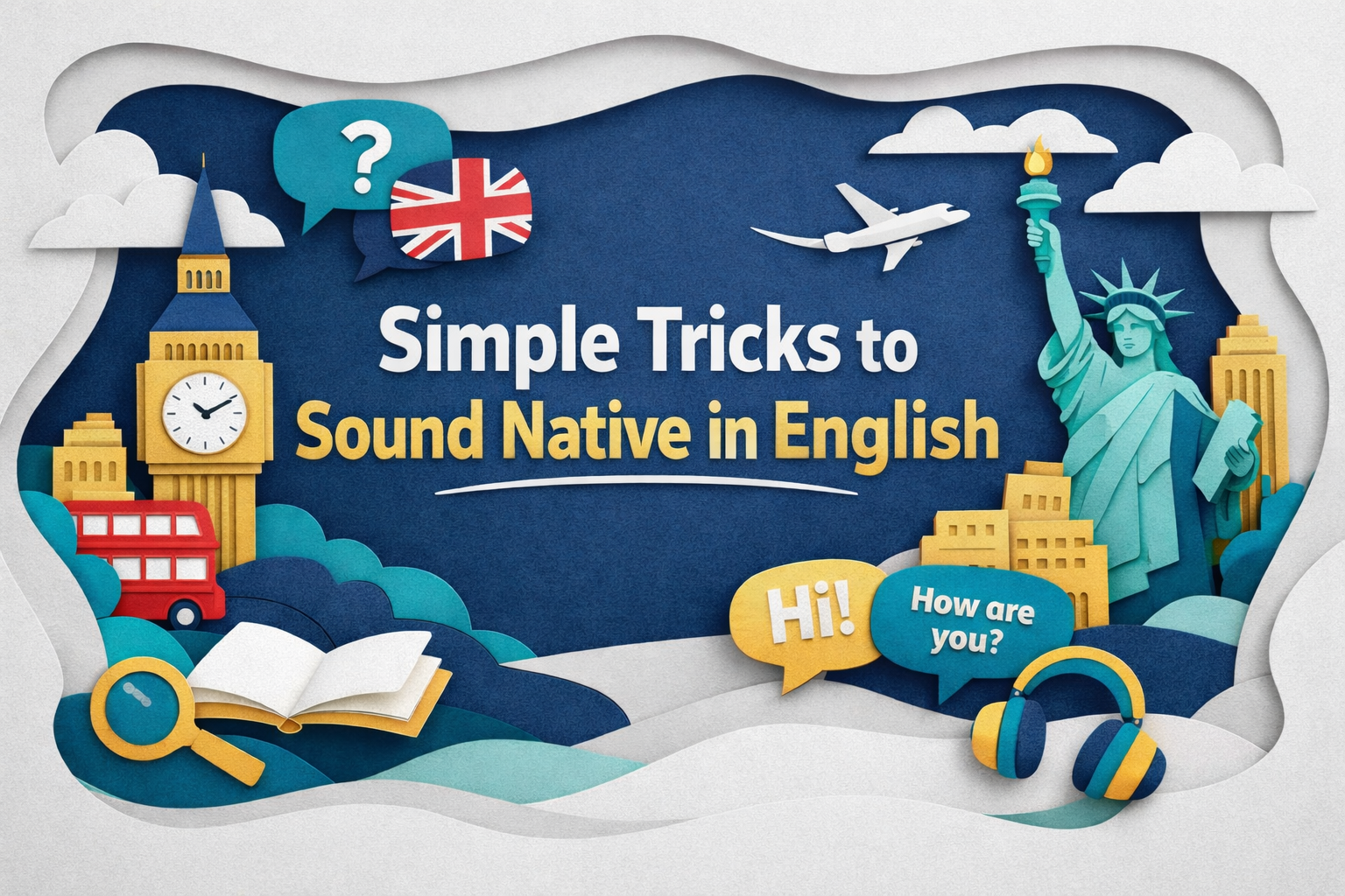 Wide banner image for the article “Simple Tricks to Sound Native in English,” featuring 3D paper cut art of English conversation icons, global landmarks, and speech bubbles that represent how to sound native in English.