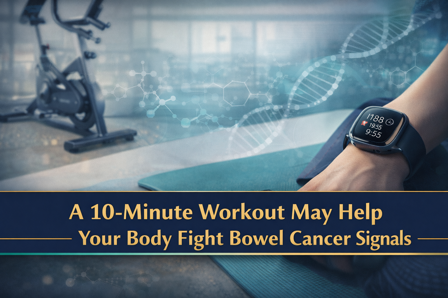 10-minute workout and bowel cancer banner showing a modern fitness scene with subtle DNA and health-signal graphics in a clean business style.