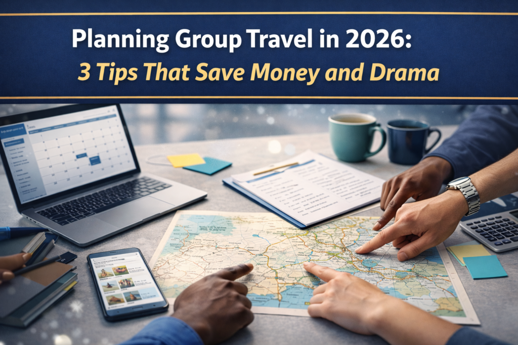 2026 group travel tips banner showing a team planning a trip with a calendar, checklist, and map in navy, gold, gray, and teal.