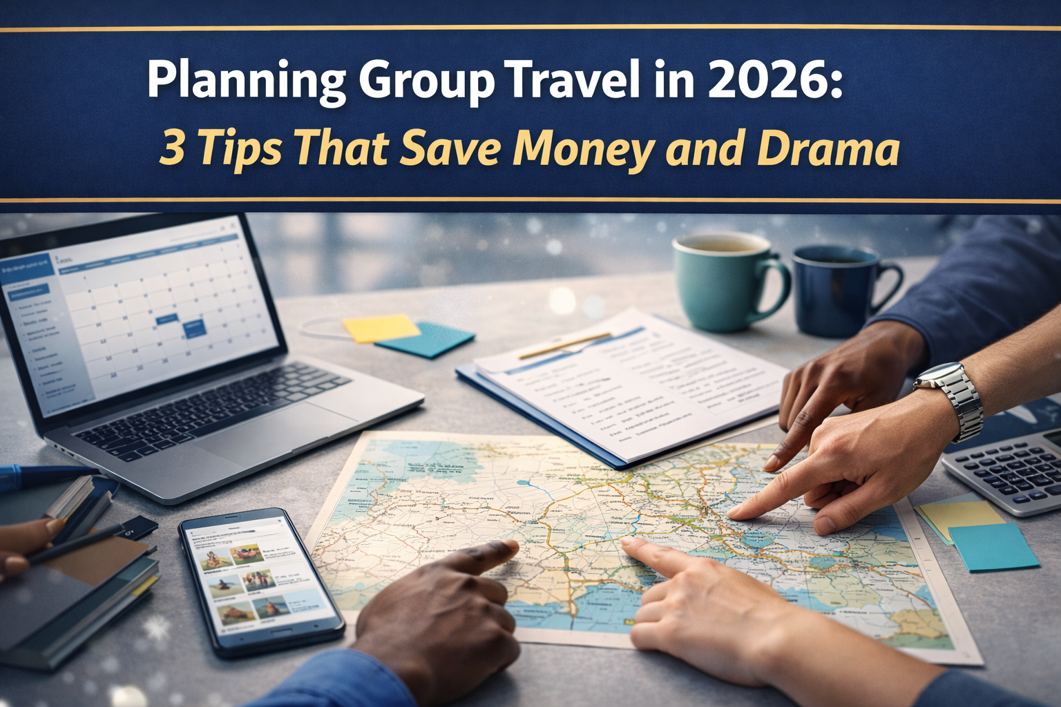2026 group travel tips banner showing a team planning a trip with a calendar, checklist, and map in navy, gold, gray, and teal.
