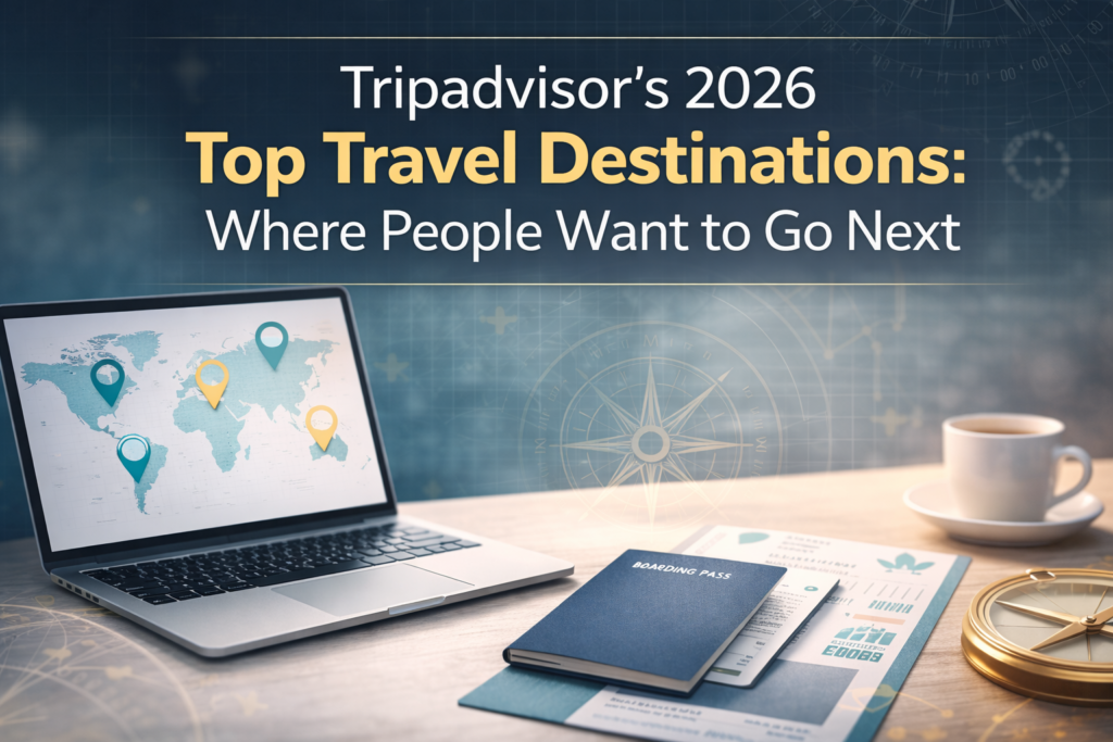 2026 top travel destinations banner with laptop world map and location pins, travel-planning desk setup in navy, gold, gray, and teal