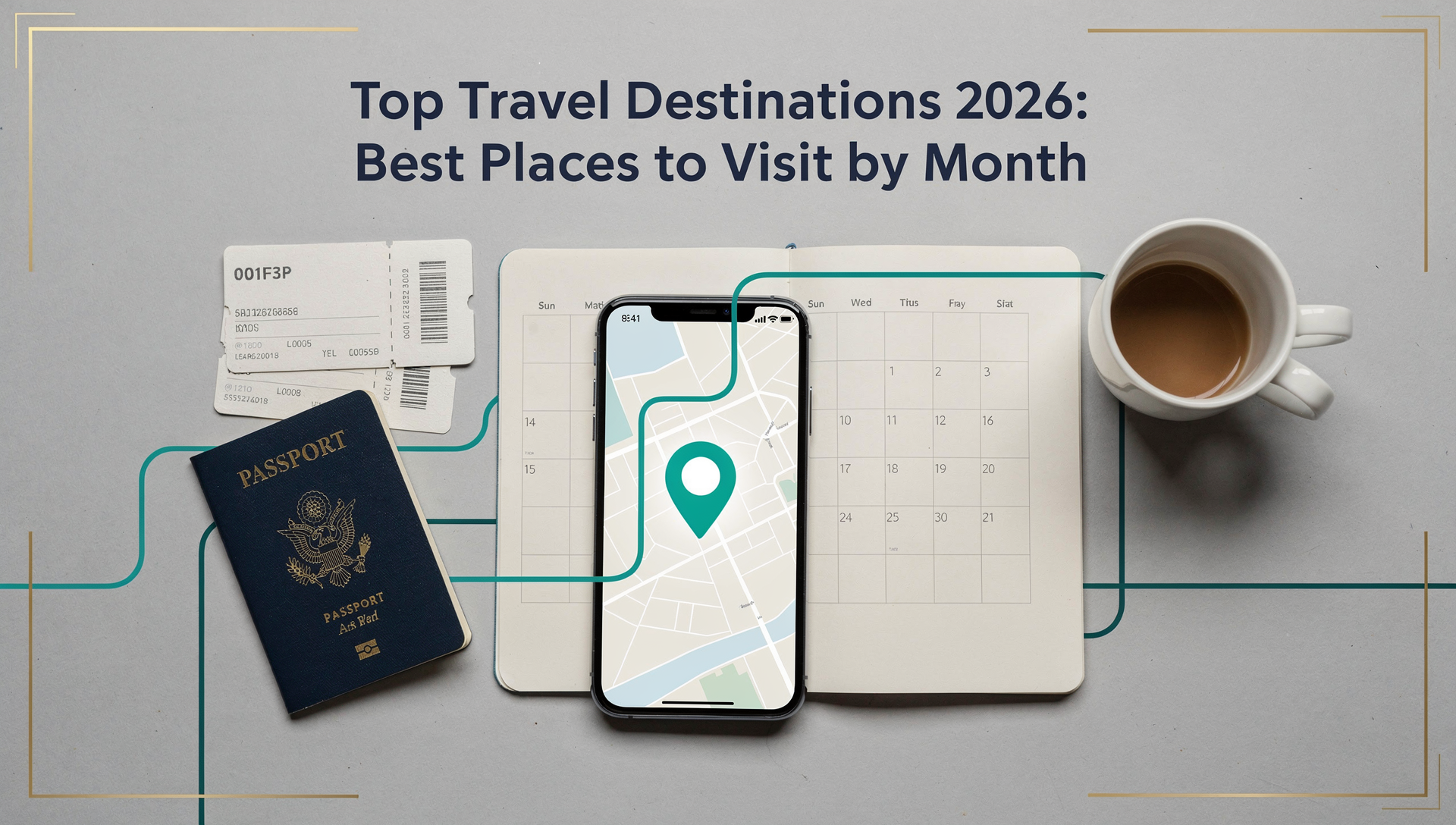 2026 travel destinations banner showing a travel-planning desk with planner, passport, and map icons for month-by-month trip ideas.