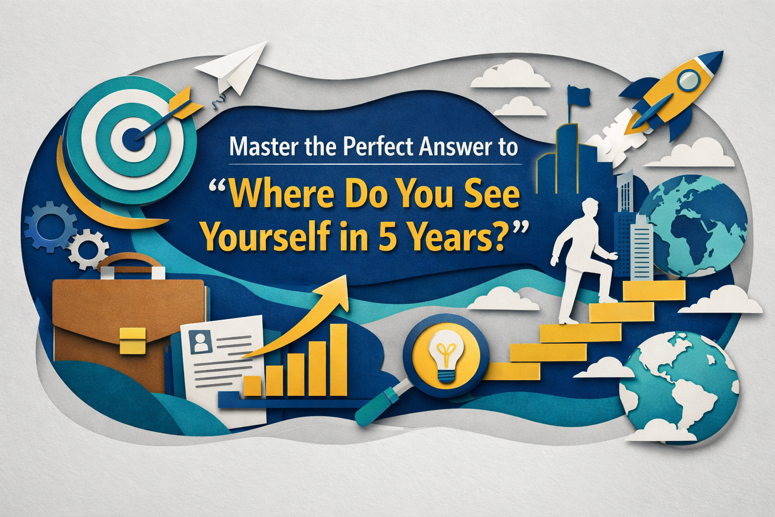 Wide 3D paper cut banner of a professional job interview scene with a 5-year plan interview theme, using navy blue and soft gold accents on a light gray background.