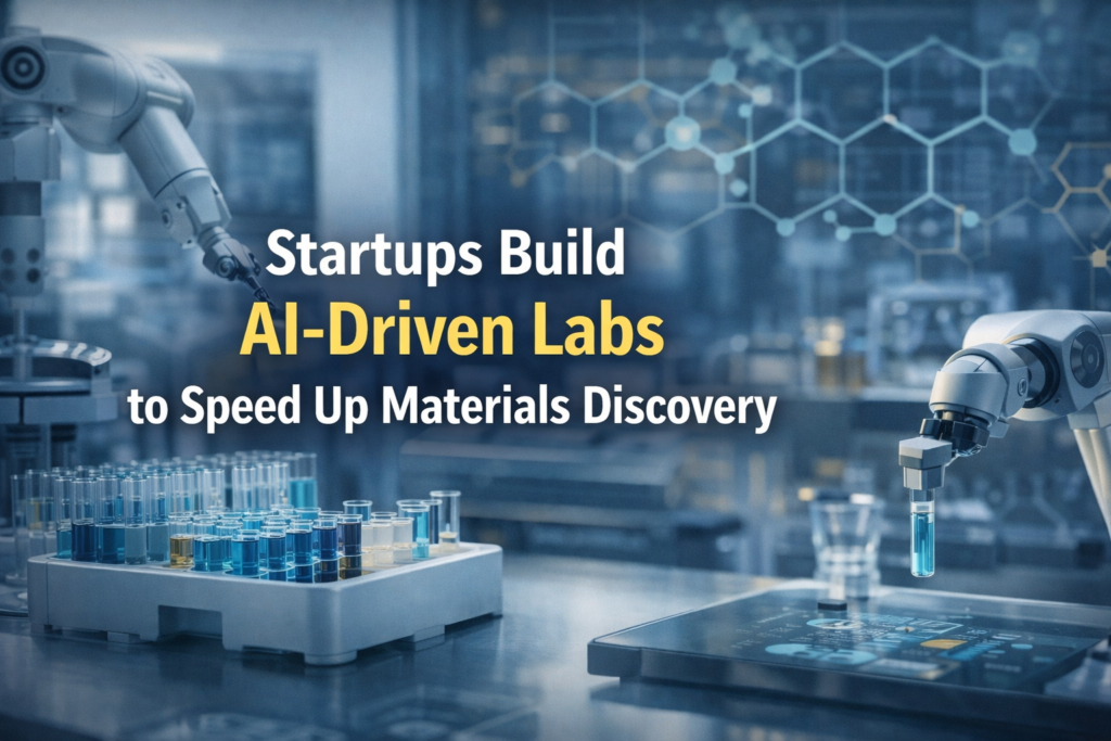 AI-driven labs shown in a modern automated laboratory banner with robotics and materials discovery visuals