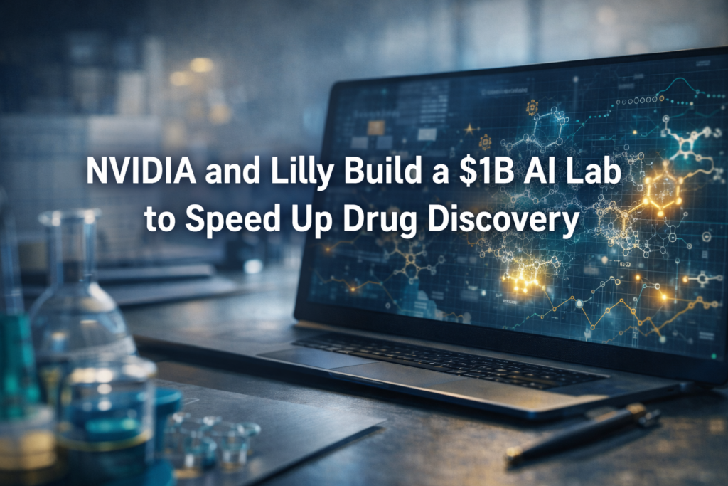 AI drug discovery lab banner showing a modern biotech workspace with abstract molecular AI visuals in navy, gold, and teal.