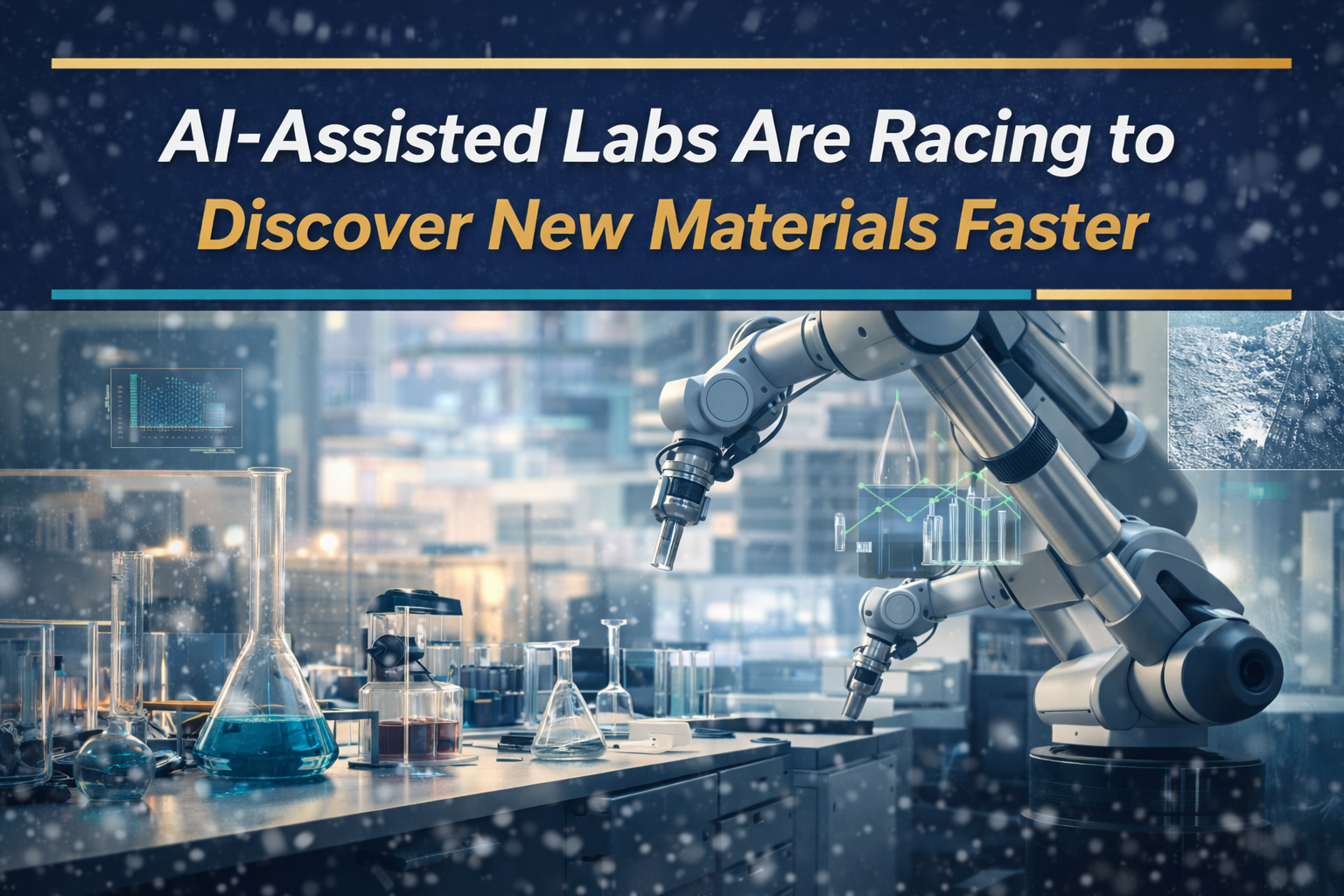 Photographic banner of a robotic lab with digital overlays, showing AI materials discovery accelerating experiments and new material development.
