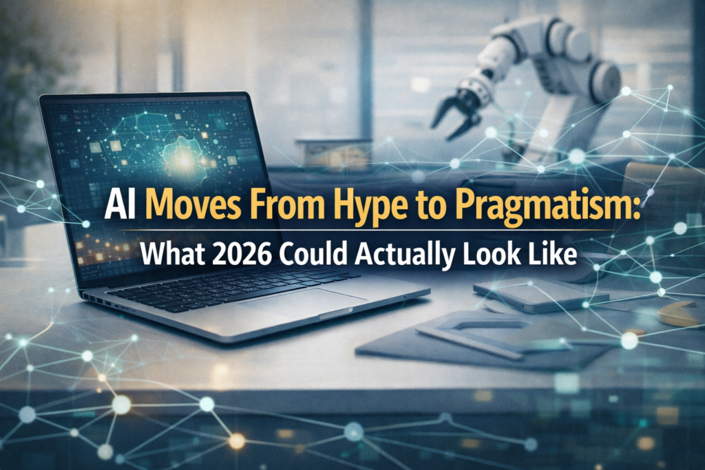 AI moves from hype to pragmatism banner showing a modern office AI workflow scene with practical tools and subtle device imagery.
