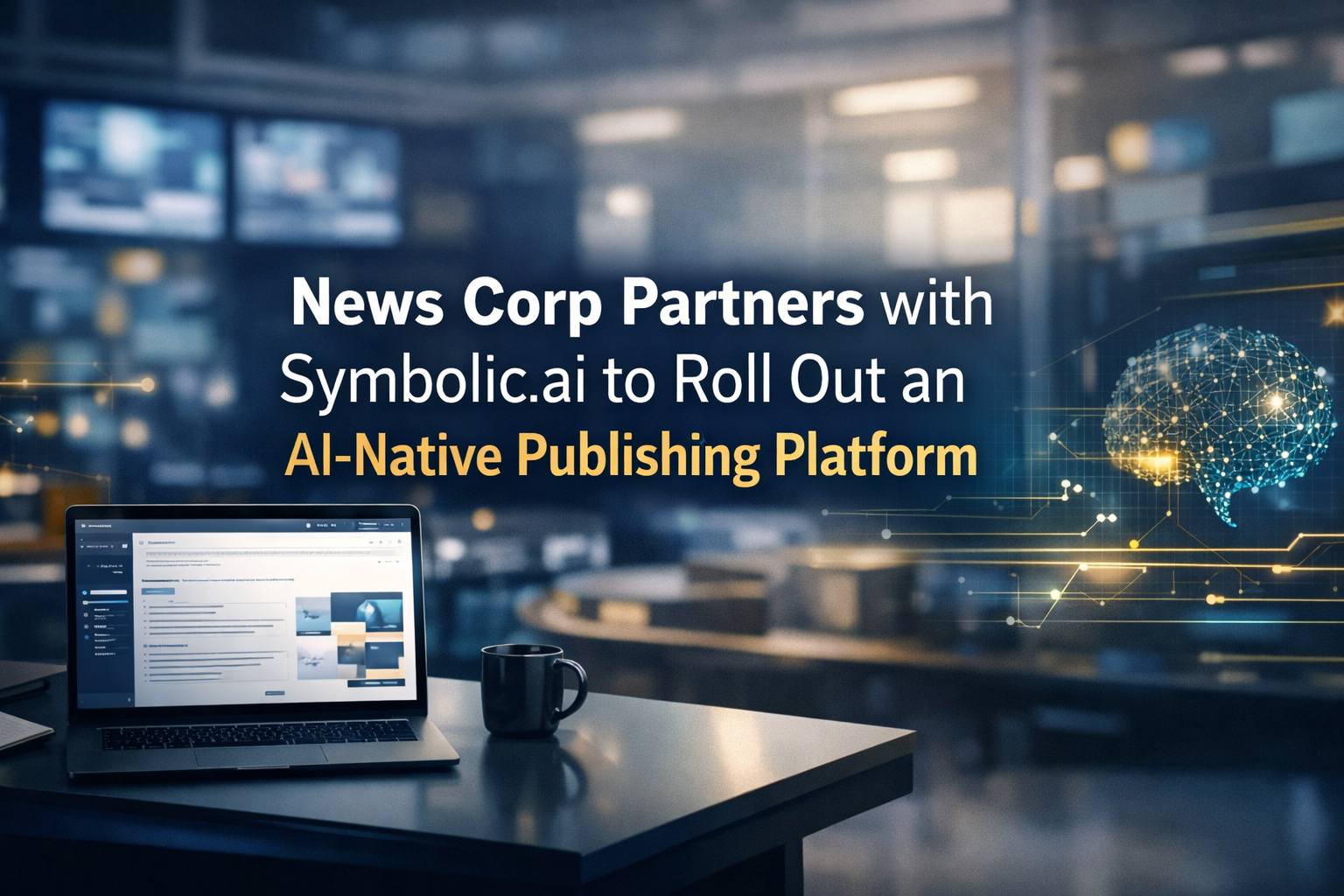 AI-native publishing platform banner showing a modern newsroom workflow with AI dashboard visuals in navy, gold, teal, and light gray.
