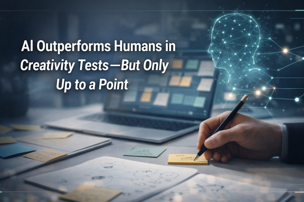 AI outperforms humans in a creativity study, shown with a modern brainstorming workspace and human–AI collaboration concept.