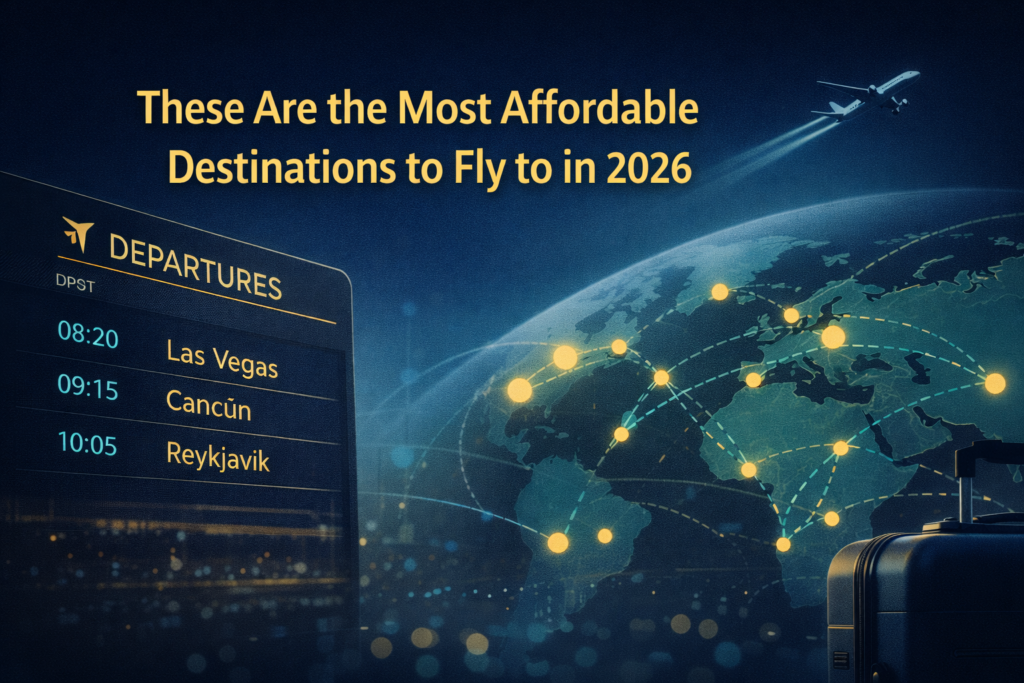 Affordable destinations 2026 banner with a modern travel-planning desk scene, laptop and suitcase, styled in navy, gold, gray, and teal.