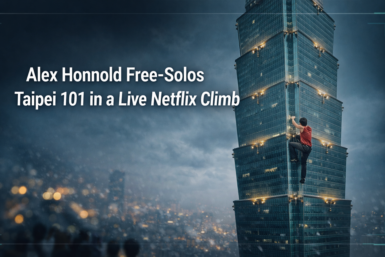 Alex Honnold Taipei 101 climb shown in a dramatic wide banner highlighting a rope-free ascent and global live-event attention.