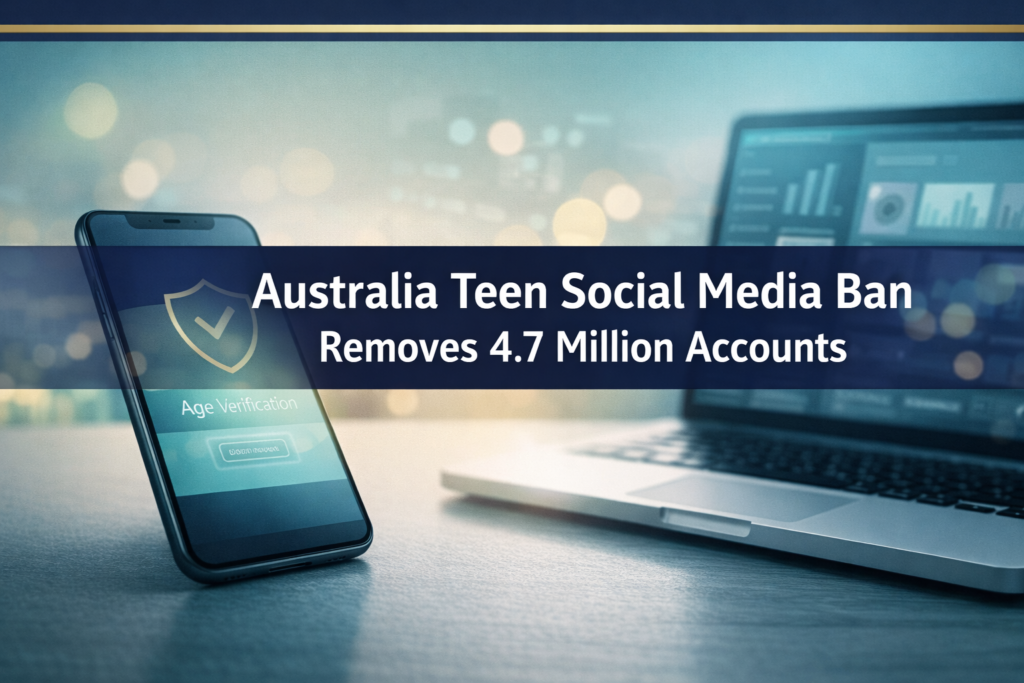 Australia teen social media ban banner with phone-based age verification and policy compliance visuals in a modern office setting.