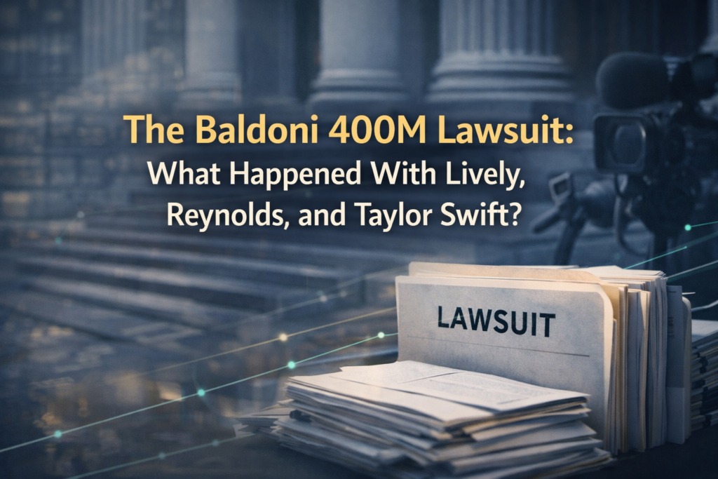 Baldoni 400M lawsuit banner showing a courthouse and legal documents with media silhouettes in navy, gold, gray, and teal.