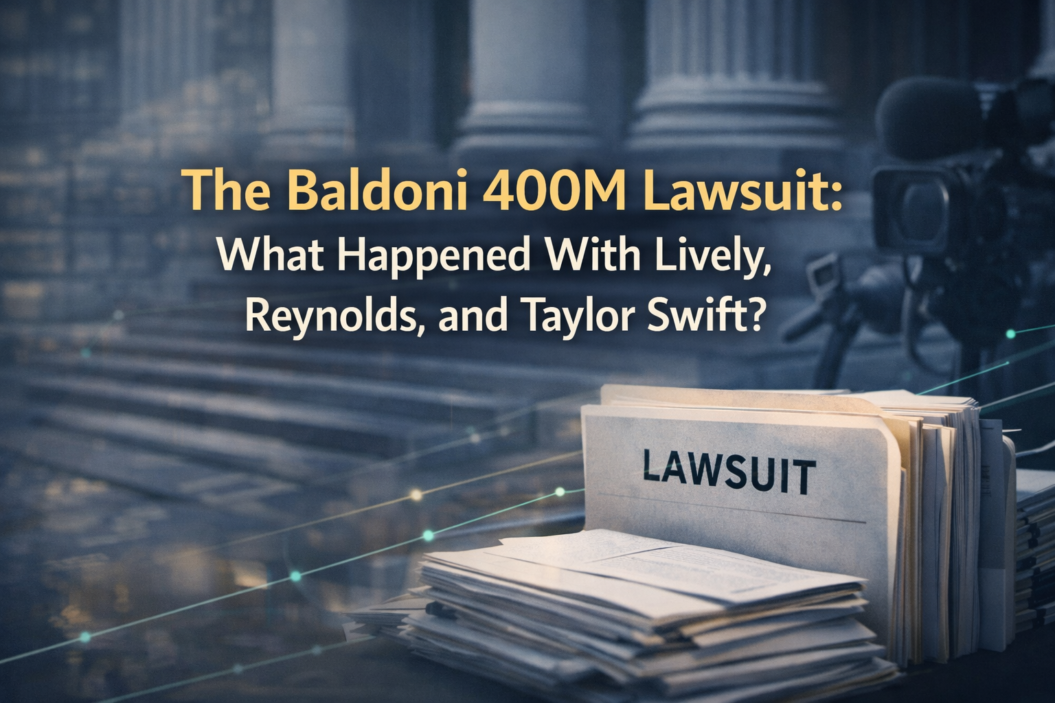 Baldoni 400M lawsuit banner showing a courthouse and legal documents with media silhouettes in navy, gold, gray, and teal.