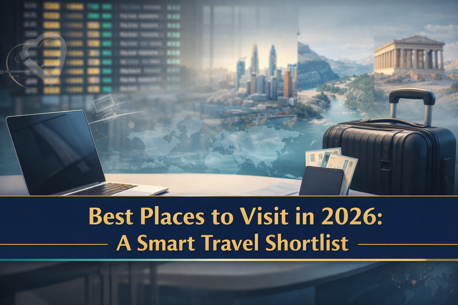 Best places to visit in 2026 banner featuring a business-travel planning scene with airport lounge elements, luggage, and curated destination visuals.