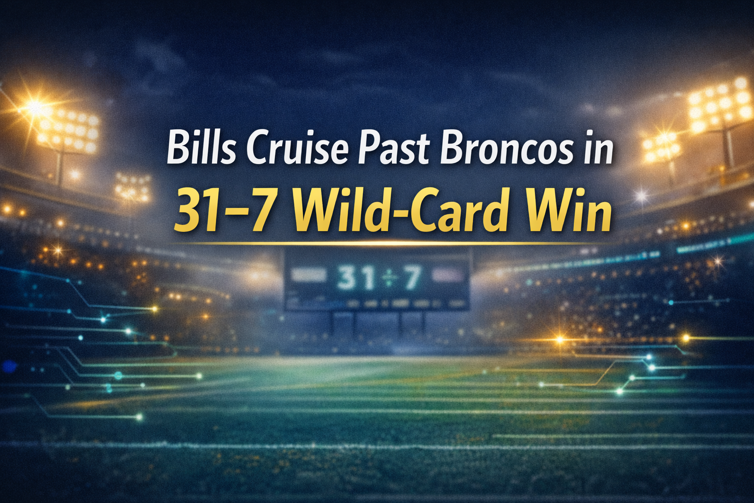NFL playoff banner with stadium lights and scoreboard energy as Bills dominate Broncos in a 31–7 wild-card win.