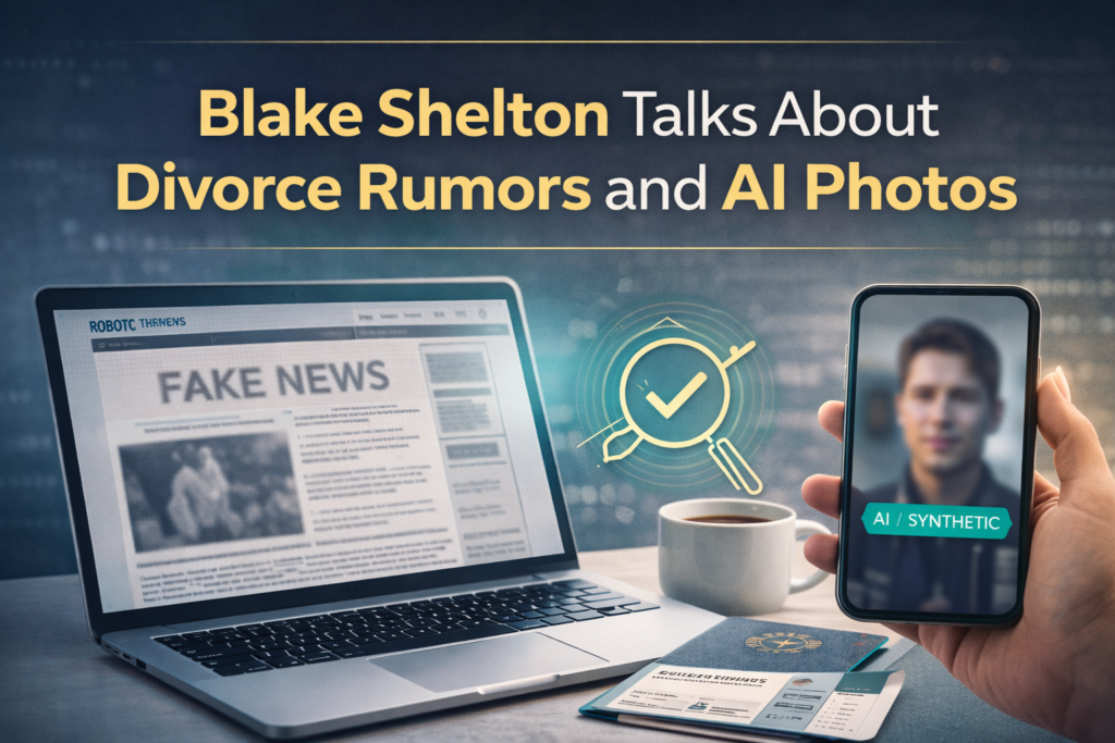Blake Shelton divorce rumors banner showing a modern news-and-phone setup highlighting AI image skepticism in navy, gold, gray, and teal