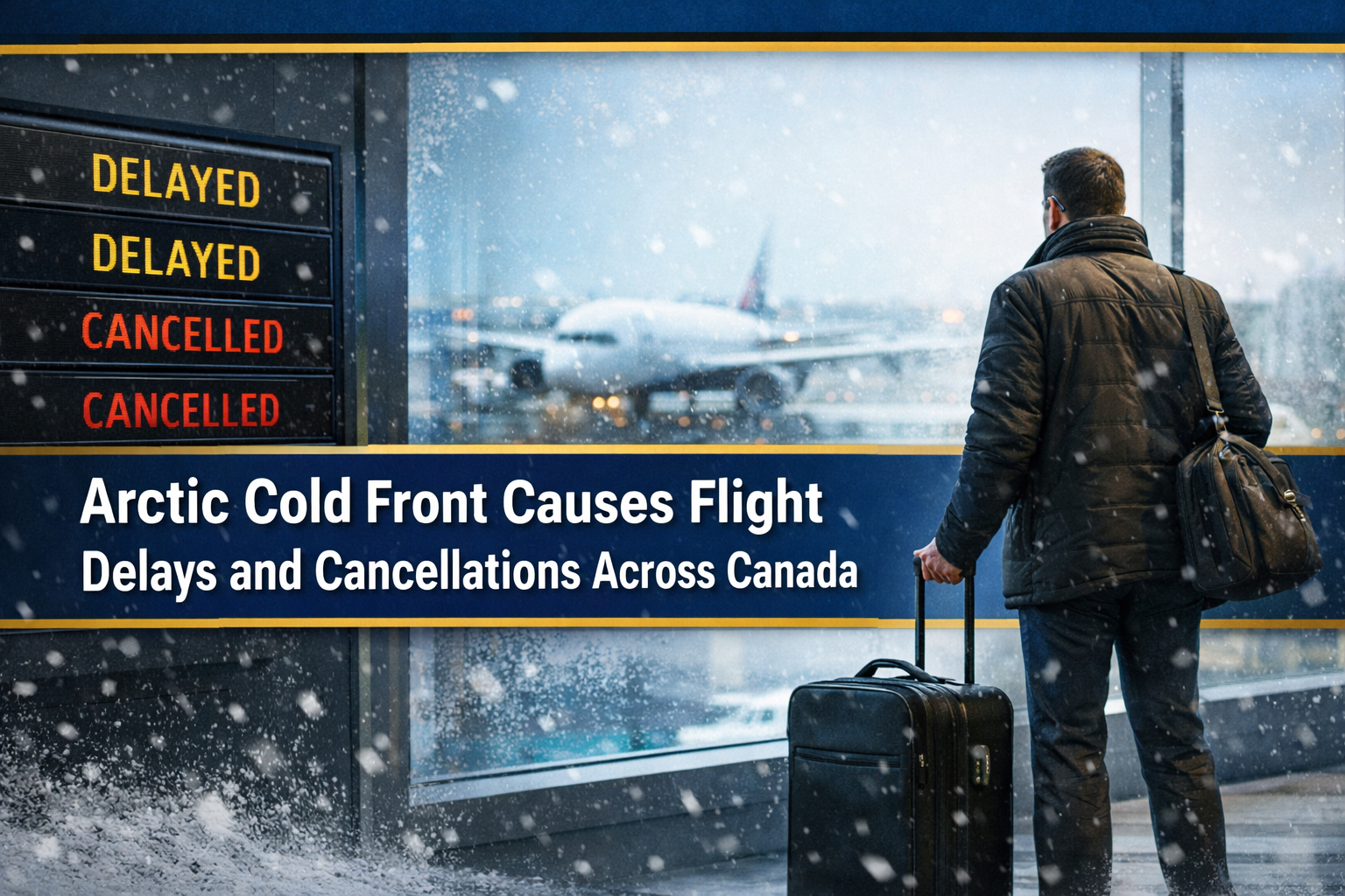 Arctic airport departure board showing delays and cancellations during a winter storm, illustrating Canada flight delays affecting business travelers.