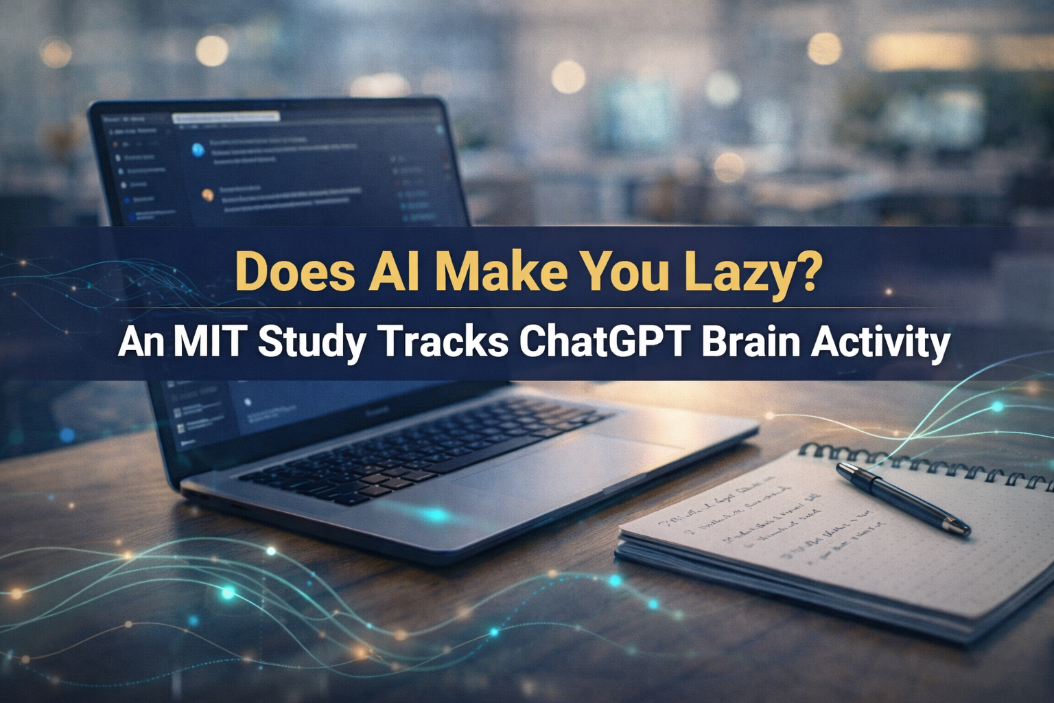 Photographic tech workspace banner with subtle EEG-style lines showing ChatGPT brain activity and the idea of thinking effort when using AI tools.